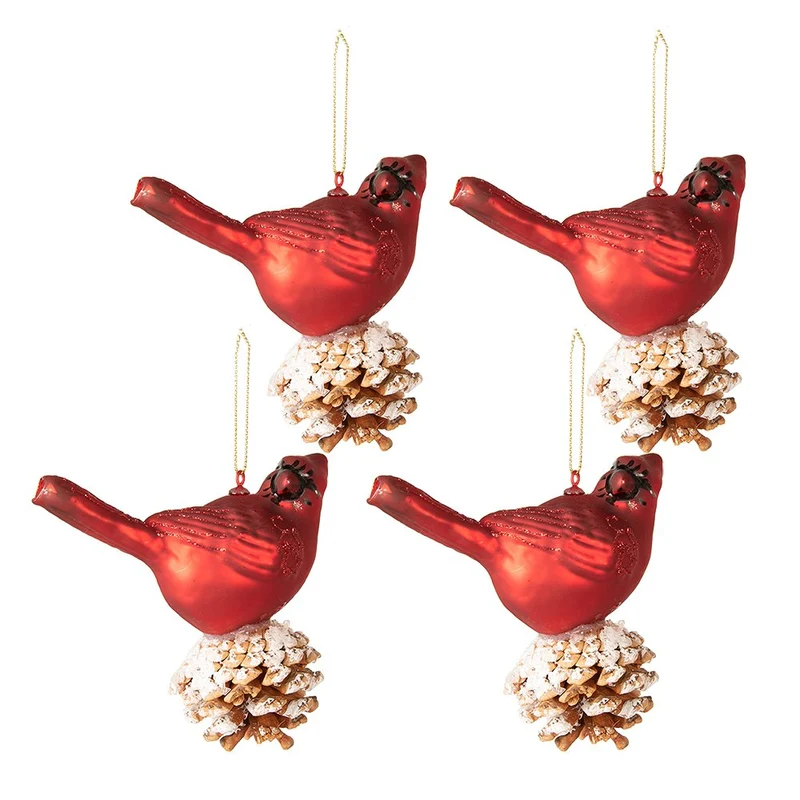 Weihnachtskugel Vogel Rot, Weiß Set 4 11x6x11 cm