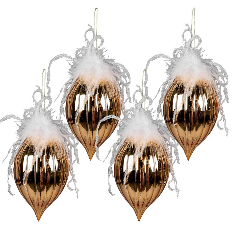Weihnachtskugel-Set aus 4 Goldfarbenem Weiß, Glas und Federn (4) Ø 10x20 cm