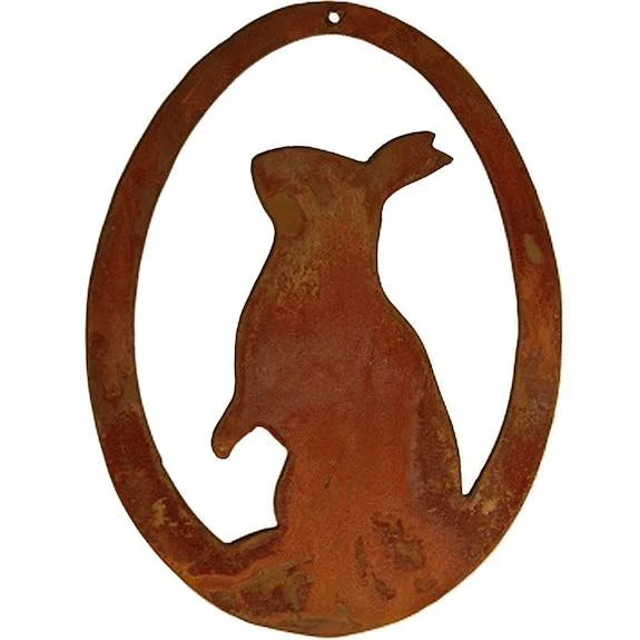 Rost Deko Hase im Ei | Fensterdeko hängend zu Ostern | 15 cm x 11 cm | Ostereier zum aufhängen | stehender Hase