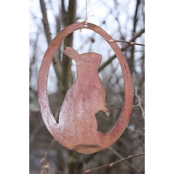 Rost Deko Hase im Ei | Fensterdeko hängend zu Ostern | 15 cm x 11 cm | Ostereier zum aufhängen | stehender Hase
