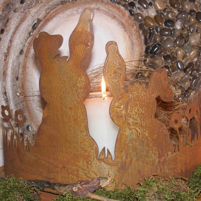 Rost Deko Hasen auf Blumenwiese | Tischdeko indoor oder Edelrost Gartendeko